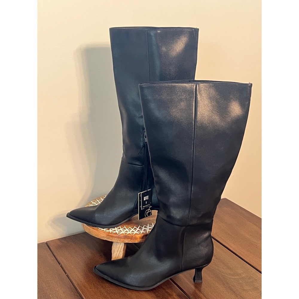 Madden NYC Black Kitten Heel Tall Boots Pointed Toe Wide Calf WCMN45AM612 Size 7